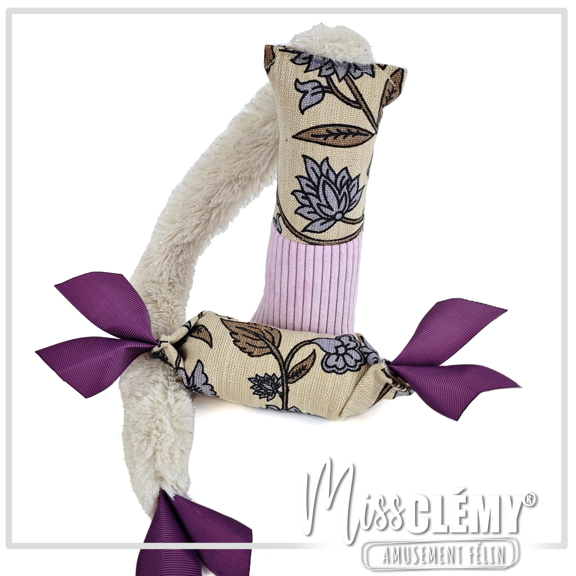 Jouet pour chat mauve et beige, ruban, peluche et velours