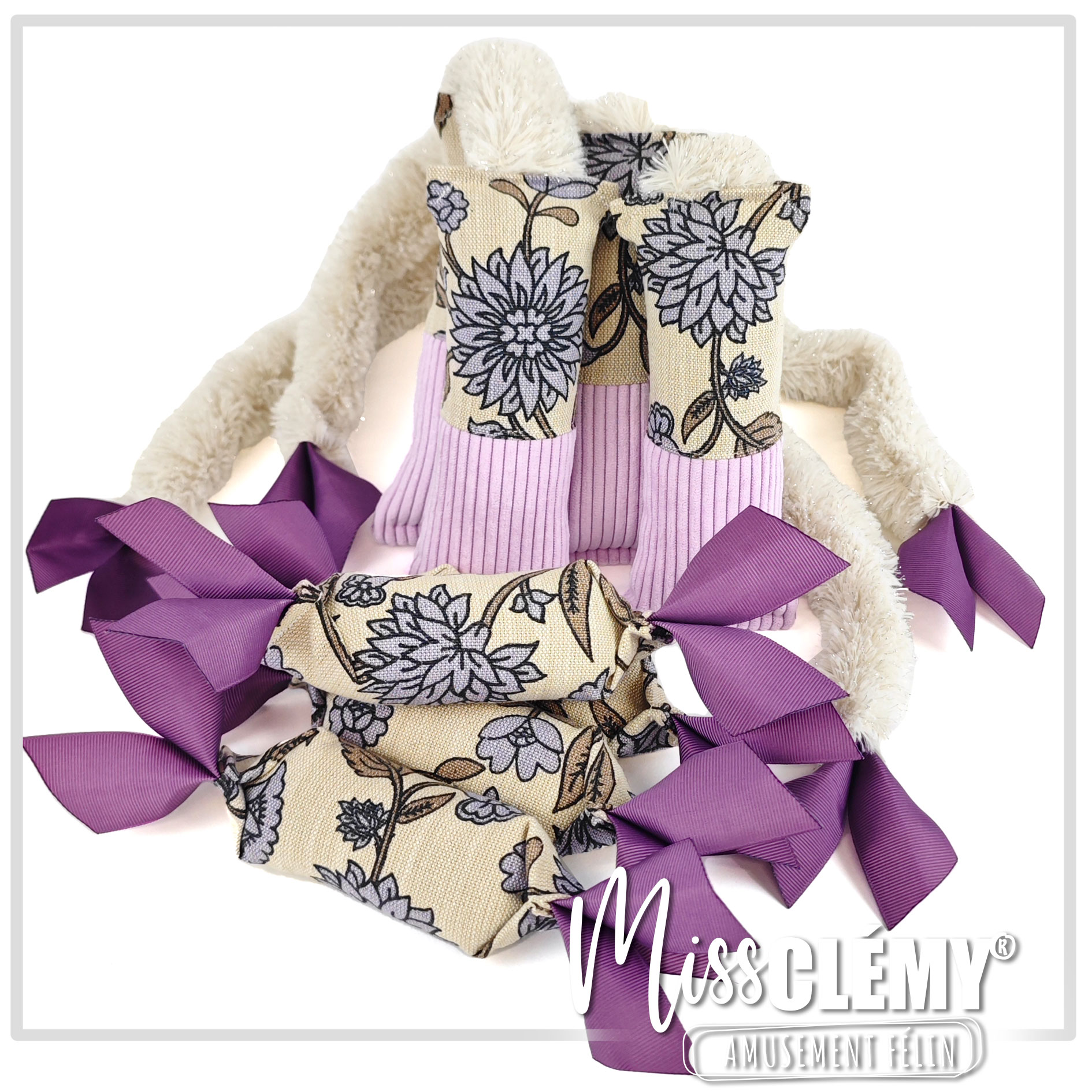 Jouet pour chat mauve et beige, ruban, peluche et velours